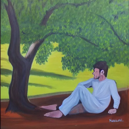 Image similar to painting of a peaceful man relaxing under a tree by David Normal, David Normal, acrylic art, calm, soothing, cosy, elegant, soft light,