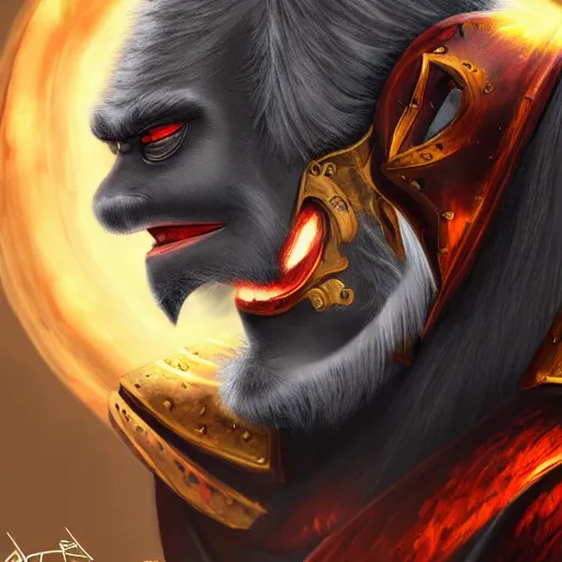 Image similar to fury art, an anthro ape wearing a large cape and a fantasy armor, fiery background, 3 d, 8 k, extremely detailed, trending on furaffinity, trending on artstation, award winning, sharp focus, illustration