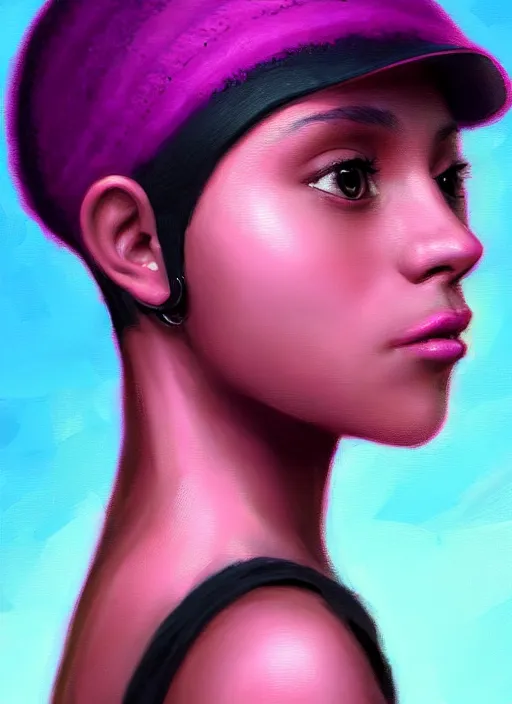 Image similar to portrait of teenage vanessa morgan with bright pink hair, black girl, curly pixie cut hair, wearing a purple breton cap, breton cap, hoop earrings, intricate, elegant, glowing lights, highly detailed, digital painting, artstation, concept art, smooth, sharp focus, illustration, art by wlop, mars ravelo and greg rutkowski