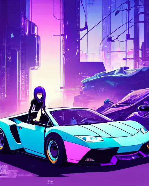 Image similar to digital illustration of cyberpunk pretty girl with blue hair, looking at a purple lamborghini, in junkyard at night, by makoto shinkai, ilya kuvshinov, lois van baarle, rossdraws, basquiat