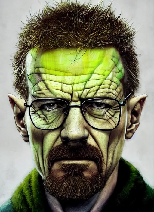 Prompt: a Demon Slayer portrait of Walter White, tall, pale-skinned, slender with lime green eyes and long eyelashes by Stanley Artgerm, Tom Bagshaw, Arthur Adams, Carne Griffiths, trending on Deviant Art, street art, face enhance, chillwave, maximalist, full of color, glittering