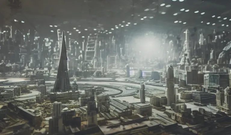 Image similar to crowd of people in simple white museum, looking at hologram of futuristic city on a circular table, cinematic concept art, godrays, golden hour, natural sunlight, 4 k, clear details, tabletop model buildings, center model buildings, hologram center, crane shot, crane shot, crane shot, white walls