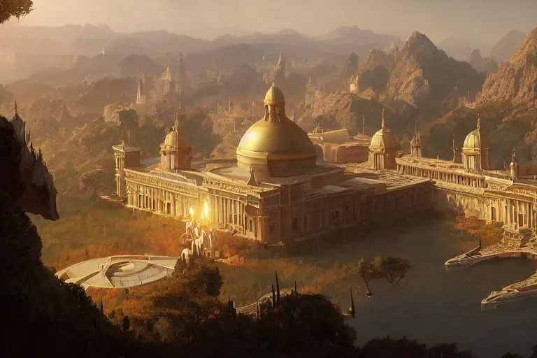 Image similar to naboo, matte painting, long shot, concept art, wide shot, digital art, trending on artstation, 4 k, extremely detailed, realistic, midday, warm colors, golden sunlight, by greg rutkowski, cinematic, epic