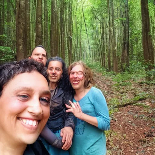 Prompt: a selfie by a neanderthal woman and her family in a forest