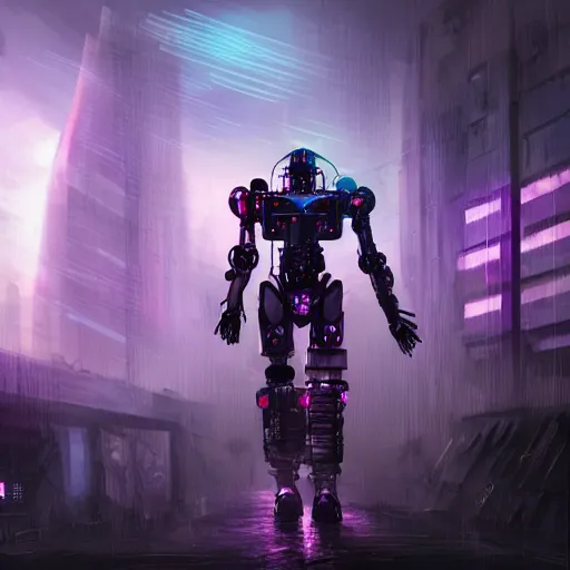 Prompt: a magnificent robot warrior with fog behind it, realistic, hyperrealistic, cyberpunk, colorful lighting, purple color, trending on art station, image of the day
