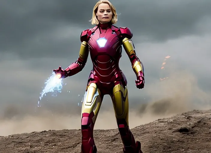 Image similar to movie still of margot robbie playing as iron man in the movie avengers, directed by russo brothers, marvel cinematic universe