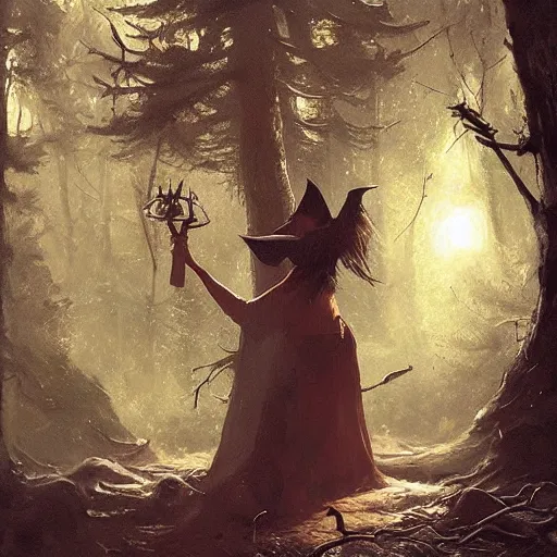 Image similar to witch performing a ritual in a dark forest painted by Greg Rutkowski, Raymond Swanland