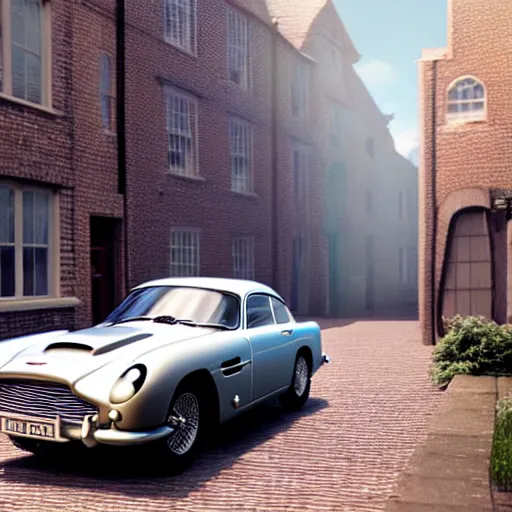 Image similar to a wholesome animation key shot of a toy aston martin db 5, in a rich london mews residential street, medium range, studio ghibli, ( pixar ) and disney animation, sharp, very detailed, unreal engine 5 render, bloom, high resolution, anime key art by greg rutkowski