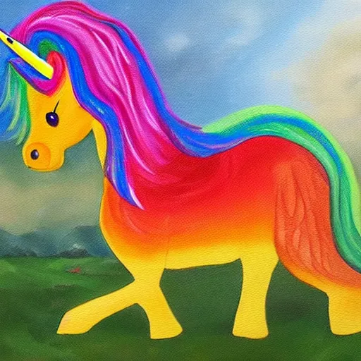 Prompt: a realistic painting of donald trump riding a rainbow unicorn