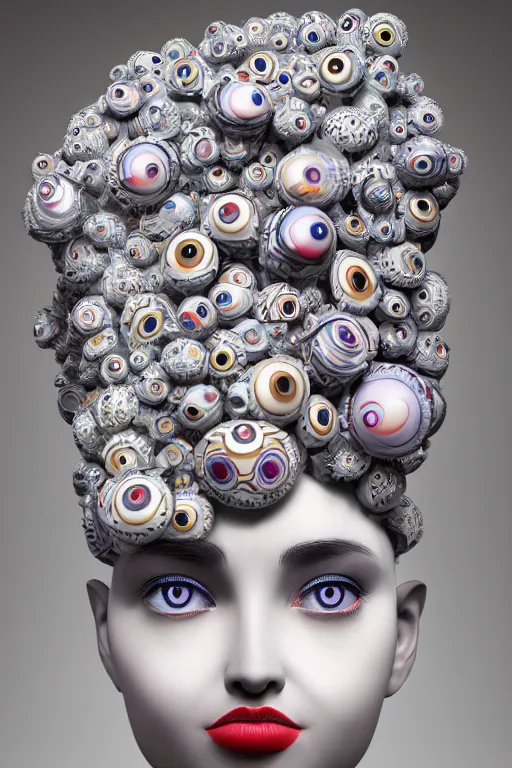 Image similar to 3 d full head and shoulders beautiful white porcelain woman smooth with colourful big eyeballs all through her hair, ornate detailed hair, 3 d swirling hair by theodor seuss geisel and daniel arsham and xiang duan, on a white background