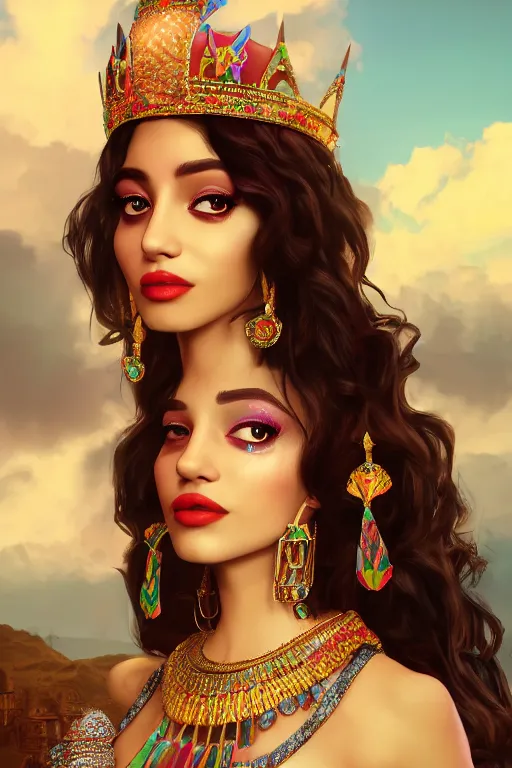 Image similar to dreamy beautiful persian egyptian princess in colorful clouds and smoke, green eyes, red dress, long black curly hair, smiling in awe wearing a diamond tiara, face, highly detailed, artstation, concept art, sharp focus, hyper realistic, octane render, unreal engine, 8 k