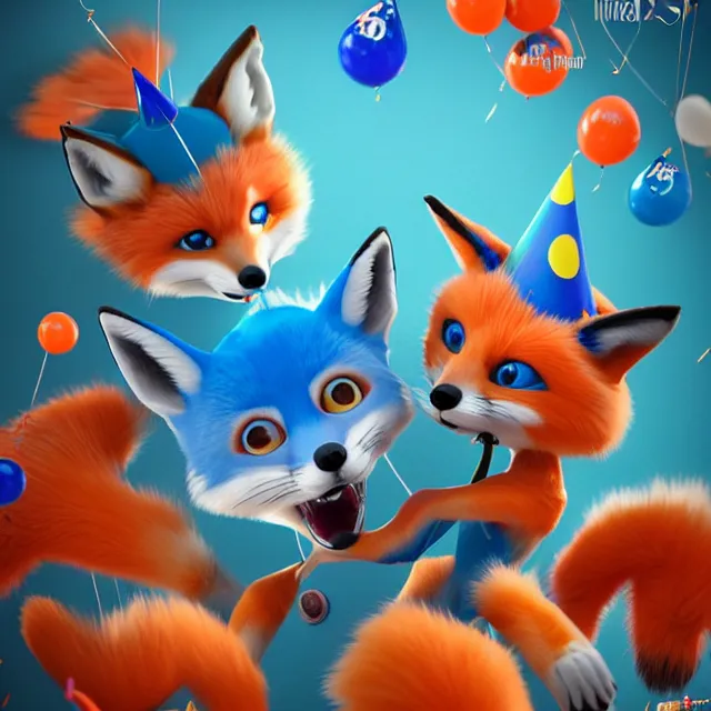 Prompt: blue+fox, red+fox and orange+fox are at a birthday-party, isometric 3d, ultra hd, character design by Mark Ryden and Pixar and Hayao Miyazaki, unreal 5, DAZ, hyperrealistic, octane render, cosplay, RPG portrait, dynamic lighting, intricate detail, summer vibrancy, fur, cinematic