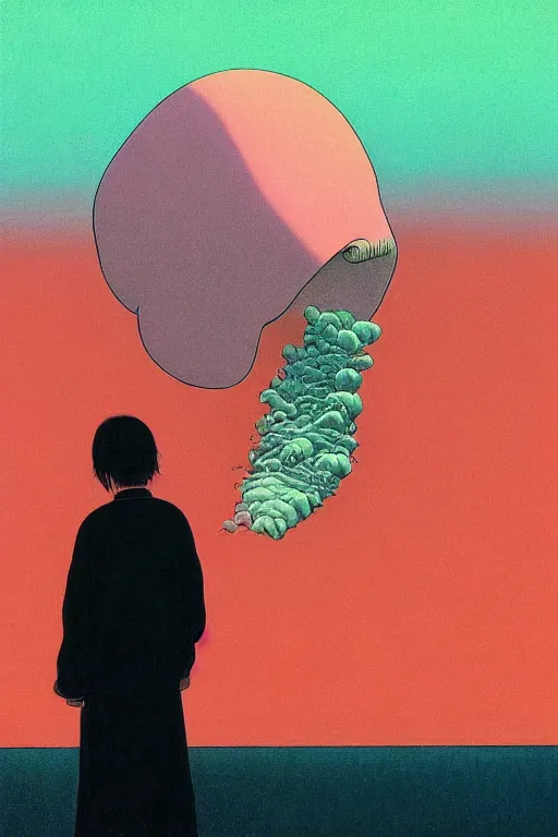 Image similar to a closeup portrait of a simple man licking a tab of LSD acid on his tongue and dreaming psychedelic hallucinations, by kawase hasui, moebius, Edward Hopper and James Gilleard, Zdzislaw Beksinski, Steven Outram colorful flat surreal design, hd, 8k, artstation