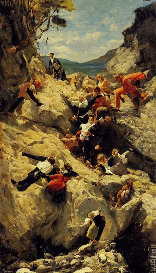 Image similar to still life painting of party falling off a cliff, by Peder Krøyer, dramatic lighting, epic, intricate detail, canvas print