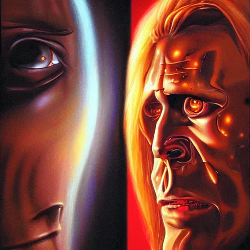 Prompt: portrait artwork of long haired cyborg with damaged robot eye by Greg Hildebrandt. Cinematic lighting. Terminator 2 ending scene