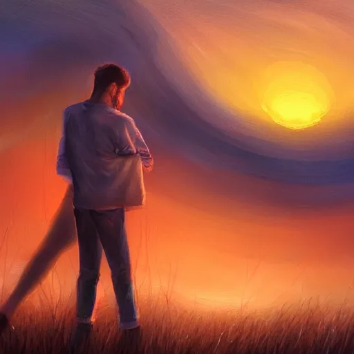 Prompt: a man receiving a thousand hugs from ten thousand lightning bugs, beautiful painting, twilight, sunset, artstation