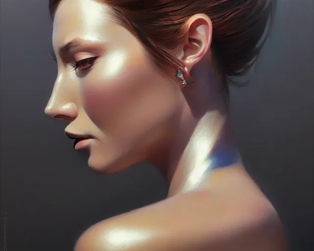 Image similar to a ultradetailed beautiful portrait panting of a stylish woman made of chrome, chrome, oil painting, by hajime sorayama, greg rutkowski and makoto shinkai, trending on artstation