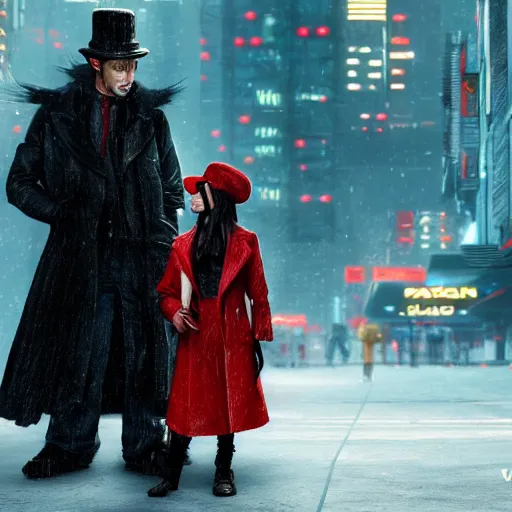 Image similar to a highly detailed epic cinematic concept art, cyberpunk, a thin man in a black coat and bowler hat talks with small young girl who is dressed in a red coat and a red hat, park, autumn, high detail, width 768