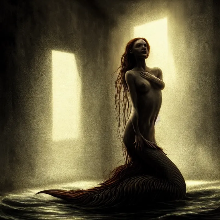 Prompt: epic professional digital art of a starving mermaid, atmospheric lighting, beautiful light and shadow, painted, complex, detailed, detailed, foreboding, mysterious, leesha hannigan, wayne haag, reina rocin, ignacio fernandez rios, mark ryden, iris van herpen, epic, stunning, magnificent, very wow, cinematic, masterpiece.