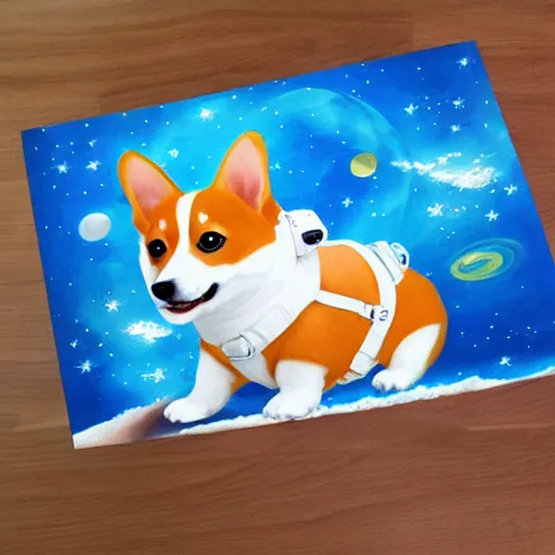 Prompt: corgi floating in space wearing a space suit, photorealism, cute, happy