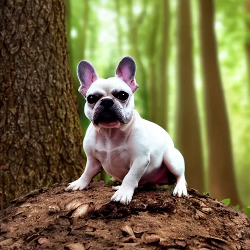 Prompt: french bulldog wearing round goggles sitting on a mushroom in a forest, hyper realistic, HD, HQ, photo realistic