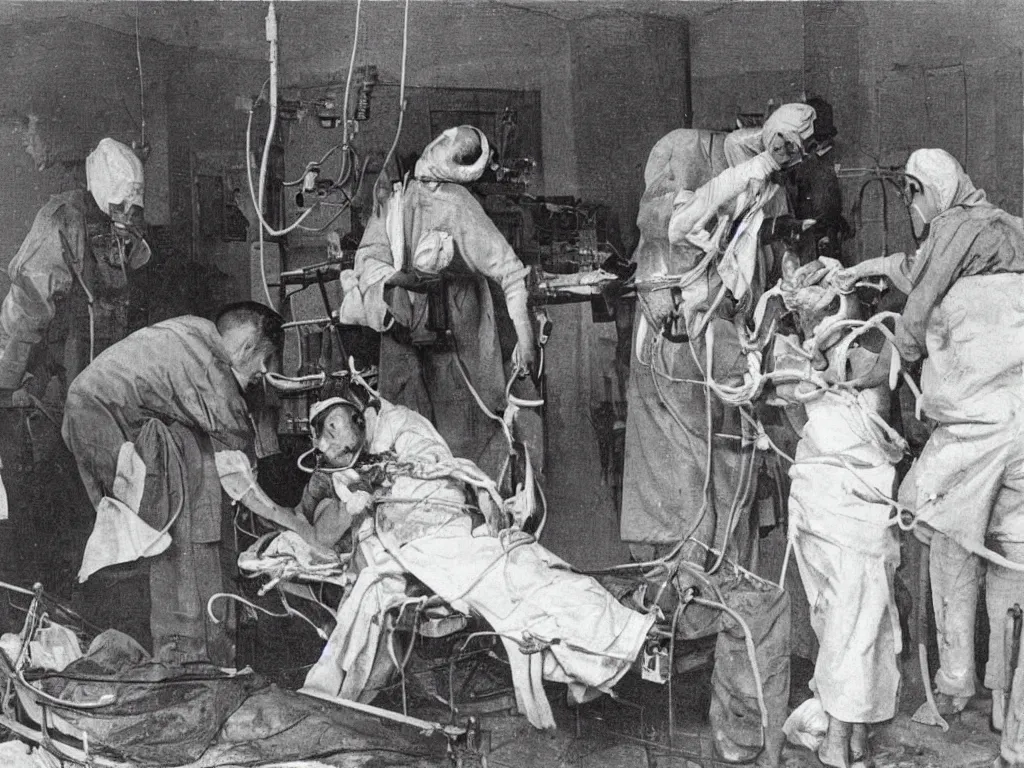 Image similar to a nurse is removing a cubic metre of compressed squid from a man's ears, the hospital is on fire, the nurse has three heads and is dressed in the skin of her father