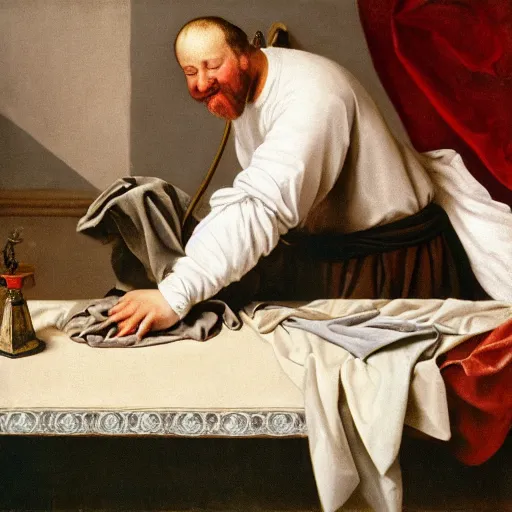 Image similar to a happy man ironing his collar shirt on a bed, renaissance, oil painting