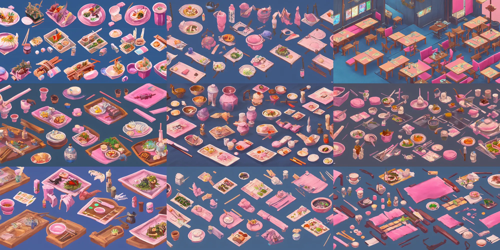 Prompt: game asset of japanese restaurant furniture, in gouache detailed paintings, props, stylized, 2 d sprites, kitbash, arcane, overwatch, blue and pink color scheme, 8 k, close up