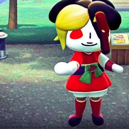 Image similar to A still of Isabelle from Animal Crossing in a lost footage horror movie, late 2000’s, low quality, vhs quality