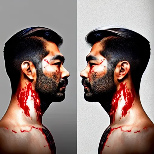 Prompt: side profile of a brown asian man :: side profile :: oxygen mask :: blood and ocean intricate details :: 8k :: by vikings and Sandra Chevrier