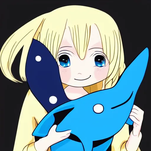 Image similar to a blonde girl in a black hoodie holding a blue shark stuffed animal, anime style digital art