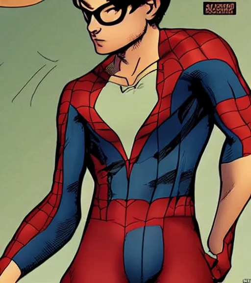 Image similar to peter parker with his suit removed to his waist seductive