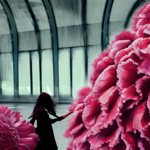 Image similar to giant carnation flower head, woman walking in a metro station, surreal photography, dramatic light, impressionist painting, digital painting, artstation, simon stalenhag