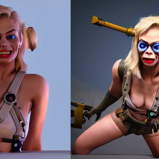 Image similar to margot robbie as tank girl, ultra detailed, concept art, 3 d render, unreal engine 5, ray tracing, fun pose, wild eyes, opened mouth, front and back, big hammer, 4 k