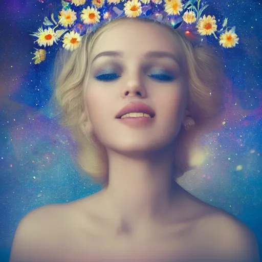 Prompt: close-up of a smiling beautiful female, blonde,, wearing a crown of daisies, beautiful happy face, ethereal, starry, space, magical atmosphere, maximalist, cinematic lighting, cinematic atmosphere, trending on artstation, cgsociety, 8k, high resolution, in the style of Faiza Maghni, David Ligare, Flora Borsi, Daniel Gerhartz,