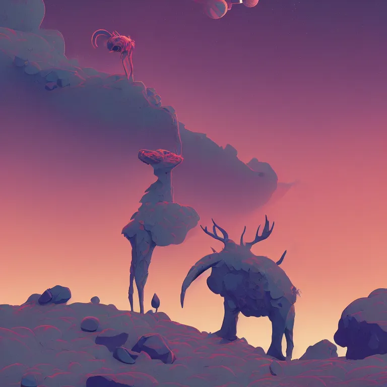 Prompt: a surreal hybrid animal standing on the surface of a simple planet by tomer hanuka and beeple and chester don powell, dramatic composition, strong clashing colors, sharp focus, 3d shading, volumetric lighting, masterpiece, beautiful