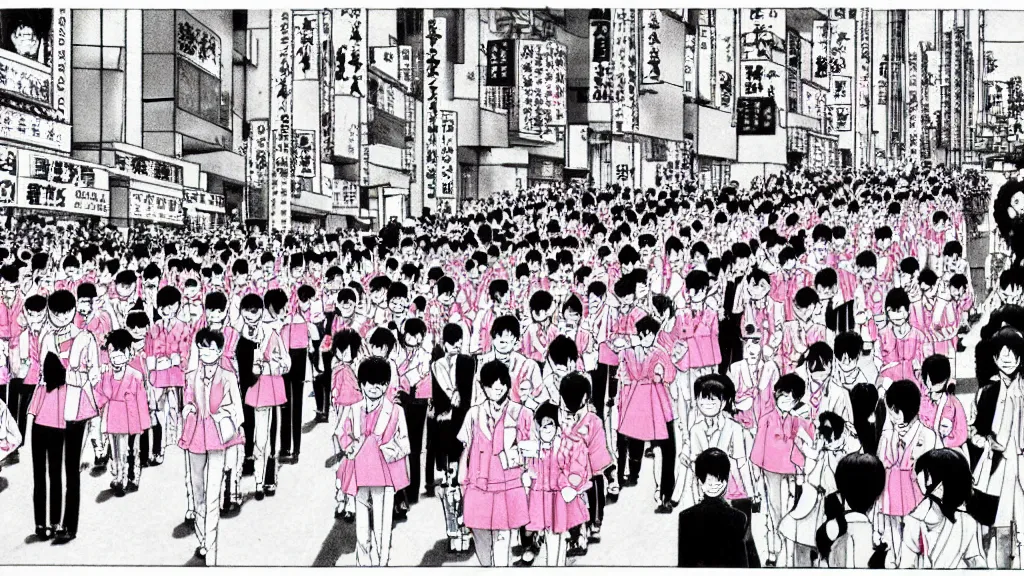 Prompt: manga drawing of a parade on the streets Tokyo everyone is dressed in pink and wearing pig masks, film still from the an anime directed by Katsuhiro Otomo with art direction by Salvador Dalí, wide lens