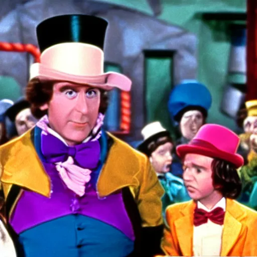 Prompt: a film still of willy wonka and the sausage factory