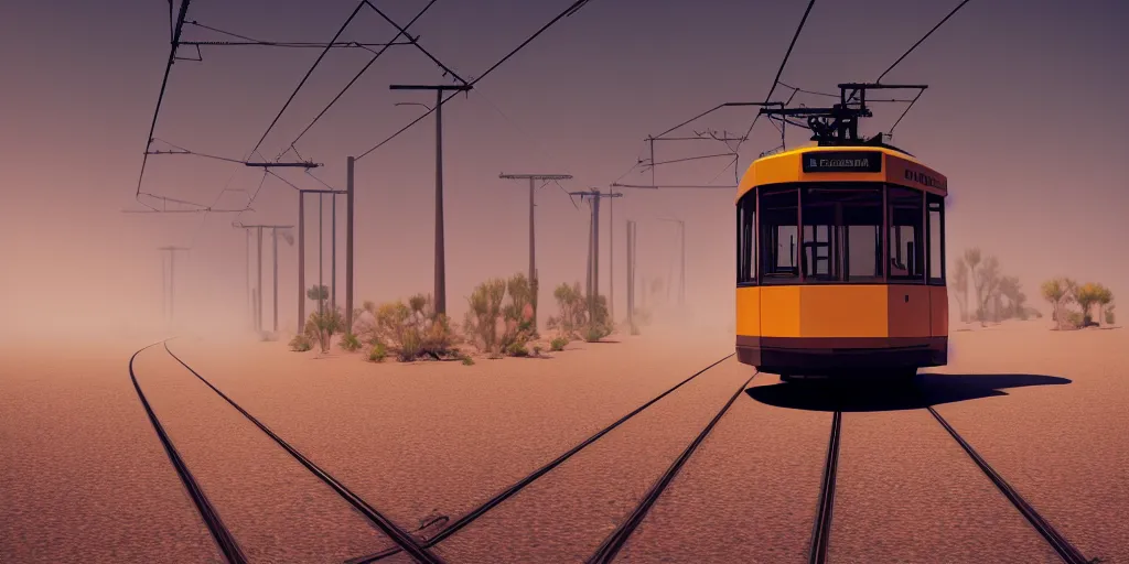 Image similar to tram in the desert ， foggy ， gaea ， 4 k resolution, ultra wide angle, cinematic, octane render