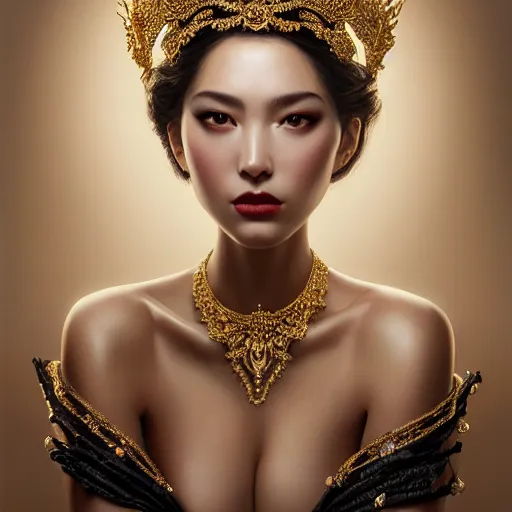 Prompt: expressive oil painting, of alluring european princess, seductive look, smooth glowing skin, glistening body, love, adoration, ornate headpiece made of black beads, glamour shot, slim, ample chest, by yoshitaka amano, by greg rutkowski, by jeremyg lipkinng, by artgerm, digital art, octane render, white dress