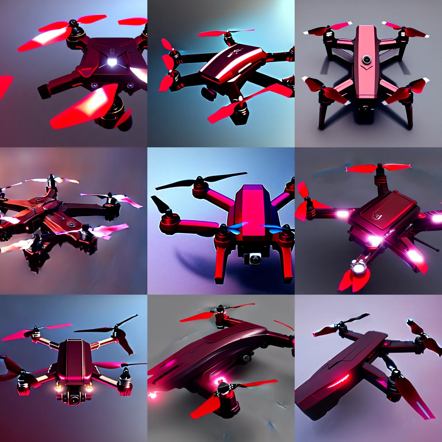 Prompt: concept art for a quadcopter drone, maroon accents, metallic reflections, gorgeous soft lighting, star citizen, trending on artstation, smooth, origin jumpworks, dji top down view