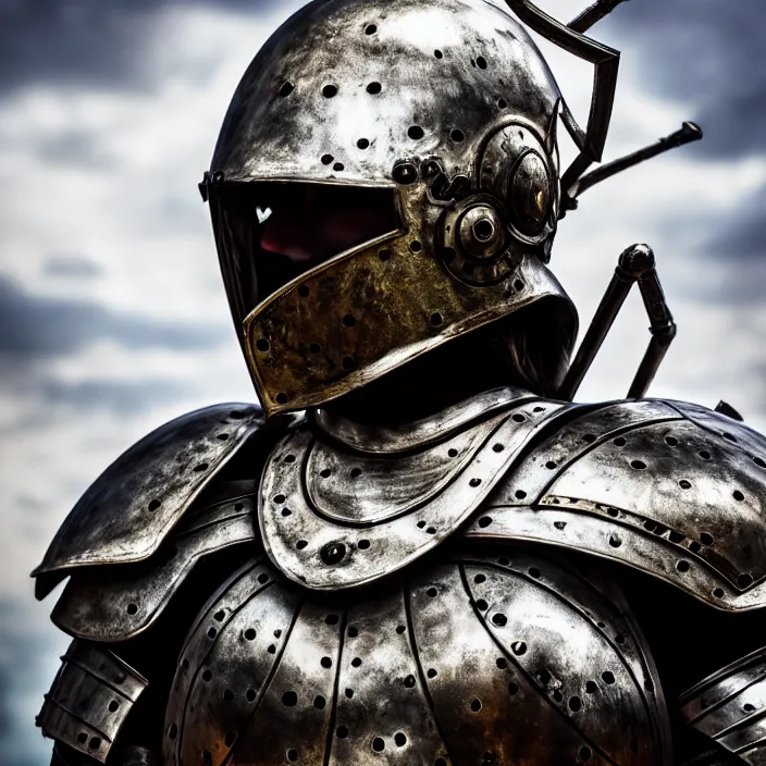 Prompt: photo of a warrior with metal spider themed armour and helmet, highly detailed, 4 k, hdr, smooth, sharp focus, high resolution, award - winning photo