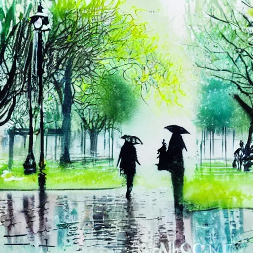 Image similar to a beautiful green park in the middle of a modern olf town city by banksy, carne griffiths and monet. Street photography. Watercolor finishing. rainy day.