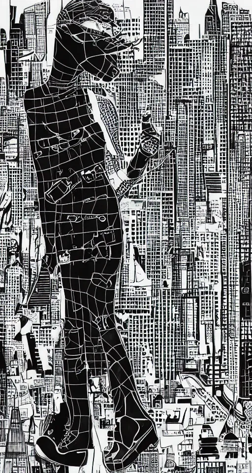 Image similar to cypherpunk fashion illustration, camera face, city street background with high tall buildings, central park, abstract landscape, diane arbus, highly detailed, finely detailed, shadows realism