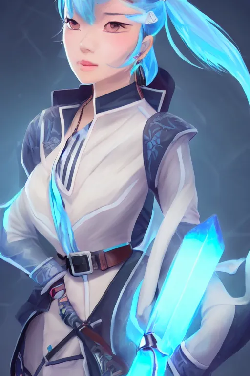 Image similar to a south korean female from paladins, white ponytail hair, she is holding a kunai, wearing light blue jacket, highly detailed digital art, character design, masterpiece