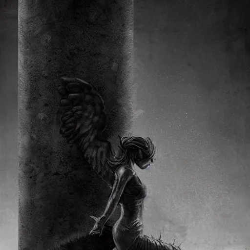 Prompt: charcoal character art, fallen angel crouched down in a pillar of light, wings open, high contrast hd optics, 8 k dop dof, by bastion lecouffe - deharme