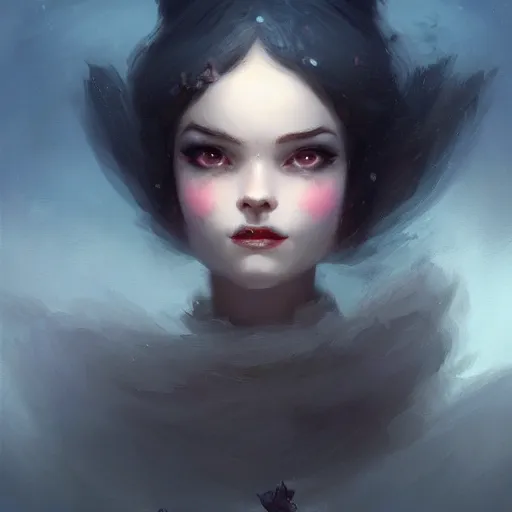 Image similar to beautiful grumpy girl, portrait, ice magic, whimsical, dark hair and makeup, cute, sharp focus, digital painting, matte fantasy painting, deviantart artstation, by jason felix, ivan aivazovsky, steve argyle, tyler jacobson, peter mohrbacher, cinema, masterpiece