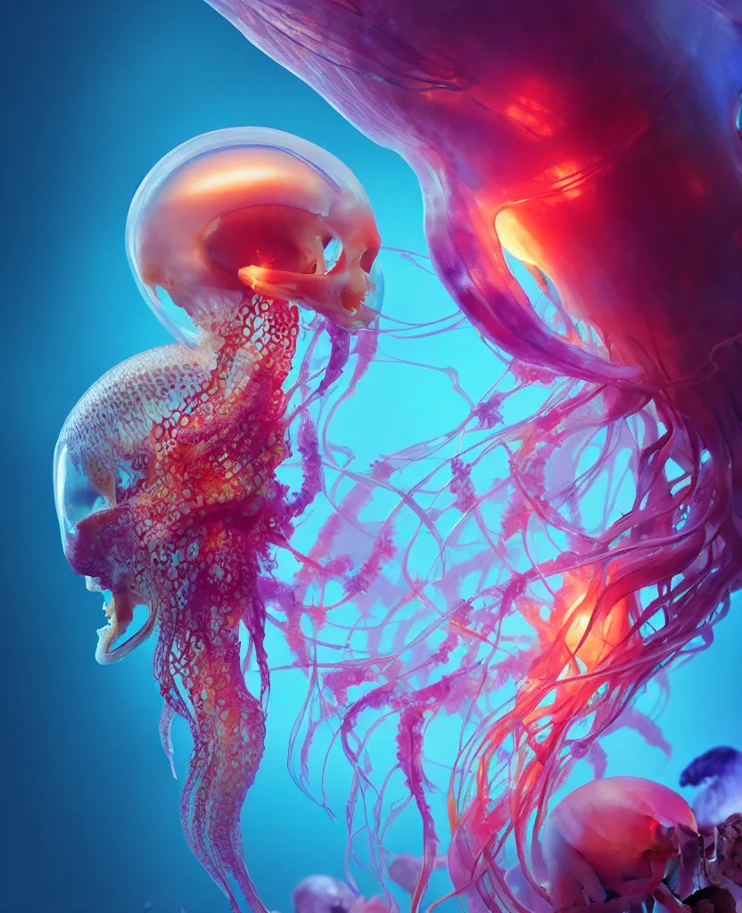 Image similar to human thorax, jellyfish phoenix head, nautilus, orchid, skull, betta fish, bioluminiscent creatures, intricate artwork by Tooth Wu and wlop and beeple. octane render, trending on artstation, greg rutkowski very coherent symmetrical artwork. cinematic, hyper realism, high detail, octane render, 8k