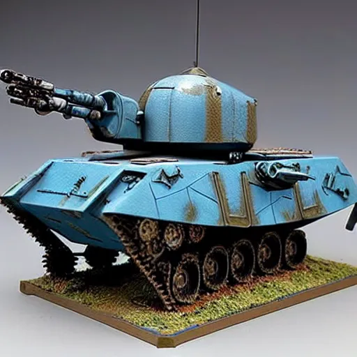 Prompt: a futuristic battletank with blue camouflage paint, double barreled main gun, heavy machinegun on top, science fiction, simon stalenhag, detailed painted games workshop miniature