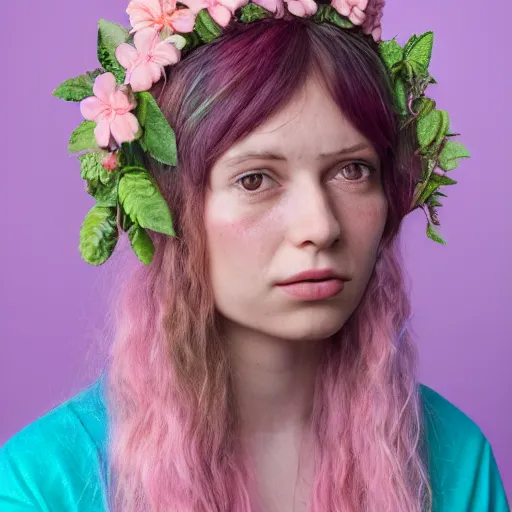 Prompt: a portrait of a Female brown satyr with pink hair and a flower crown wearing a pastel green shirt with pastel blue overalls